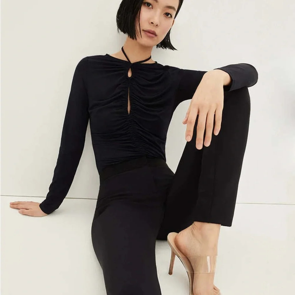 Veronica Beard Navy Ruched Keyhole Long Sleeve Top
